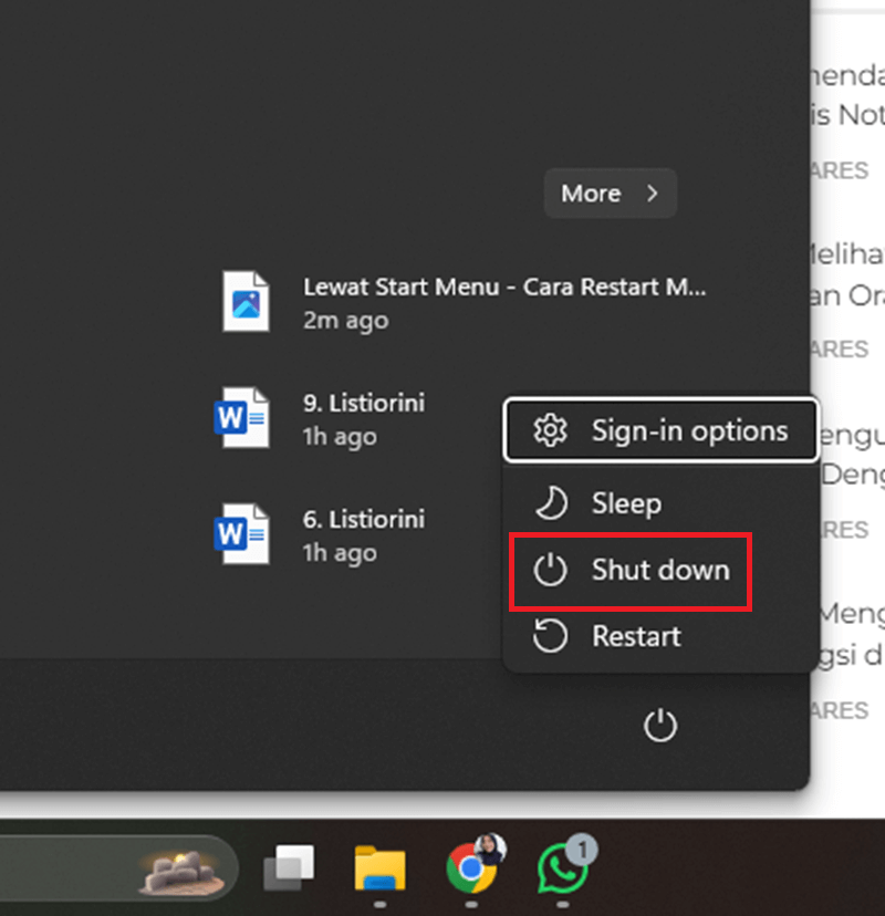Lewat Start Menu - Cara Restart Mematikan Laptop Windows ASUS Pakai Keyboard 1